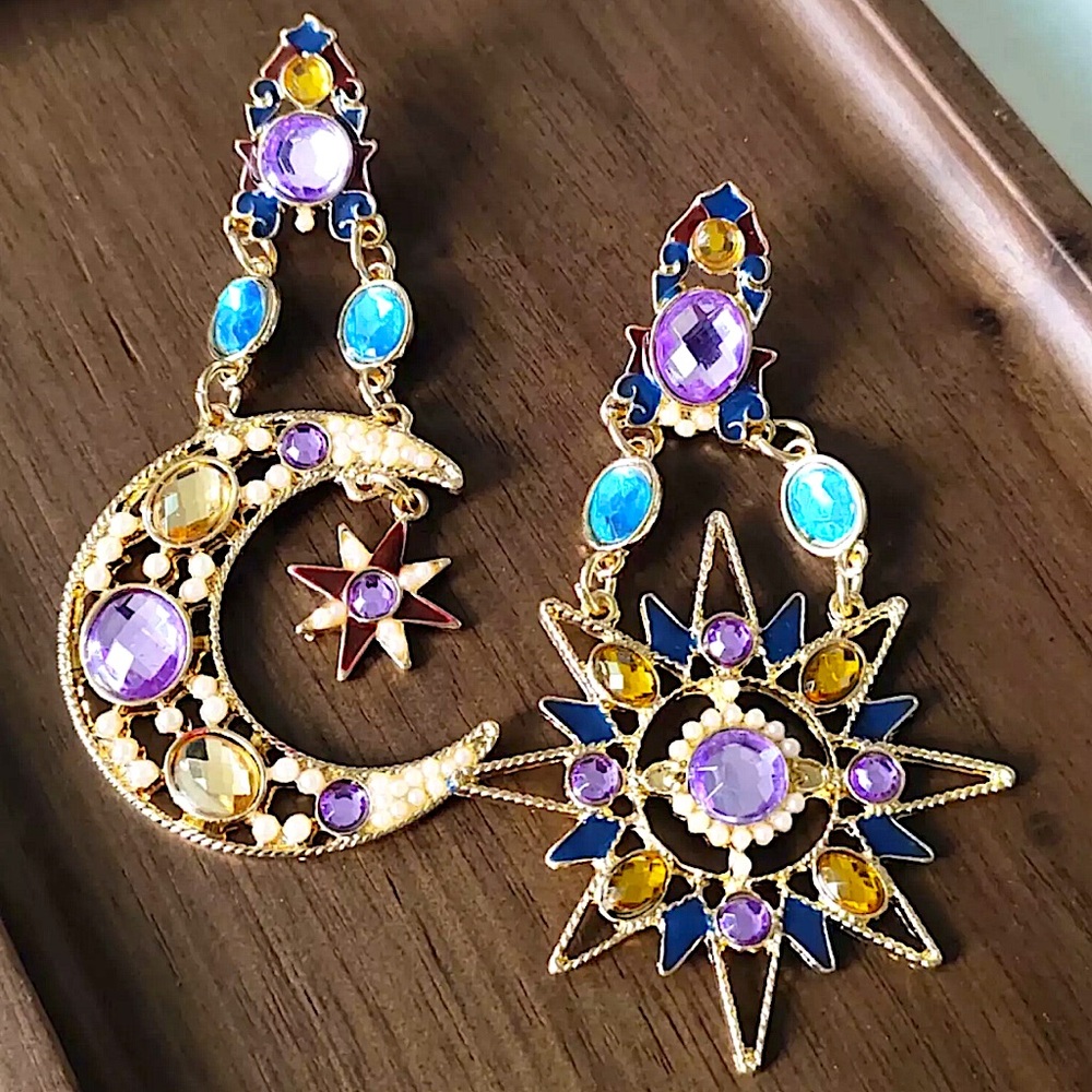 Celestial Moon Star Gold Plated Dangle Earrings Statement accent Stones - Picture 8 of 14